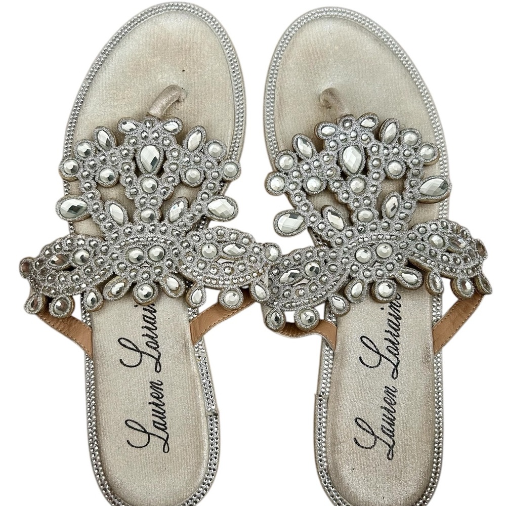 Lauren Lorraine Silver Embellished Sandals with Ornate Design